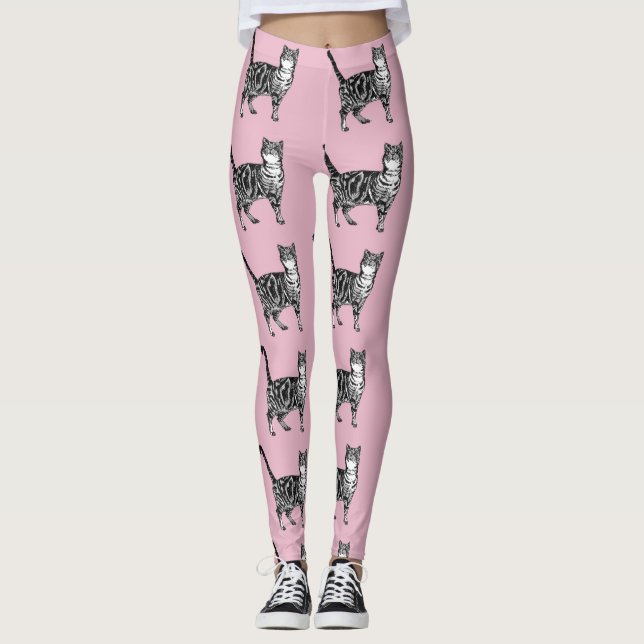 Tabby katt Animal Black and Rosa Leggings (Framsida)