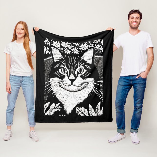 Tabby katt avrundat mot blommor fleecefilt (På plats)