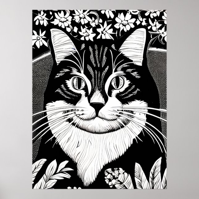 Tabby katt avrundat mot blommor poster (Framsidan)