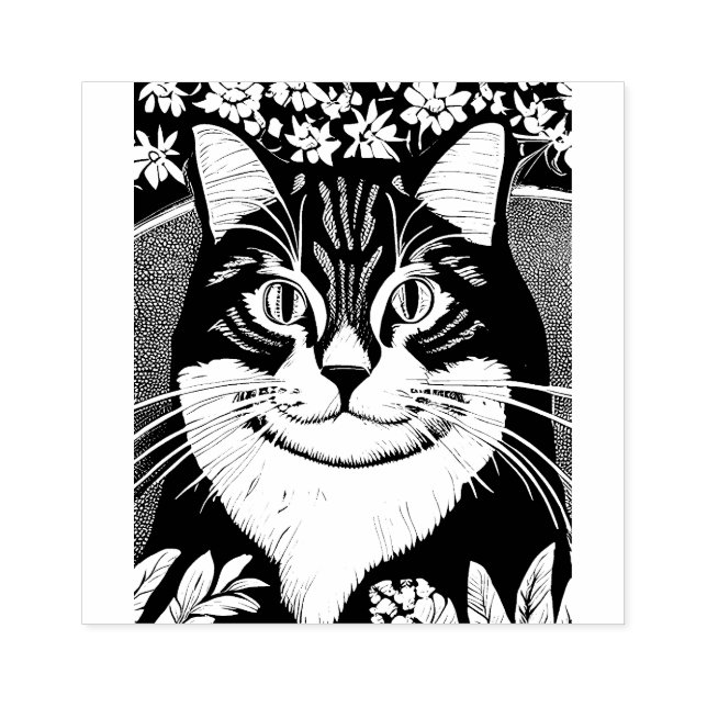 Tabby katt avrundat mot blommor stämpel (Tryck)