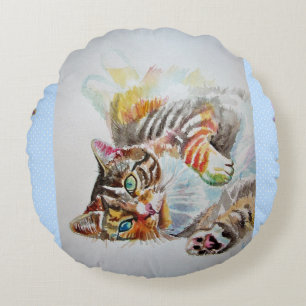 Tabby katt Cat Cute Funny Round Cushion Rund Kudde