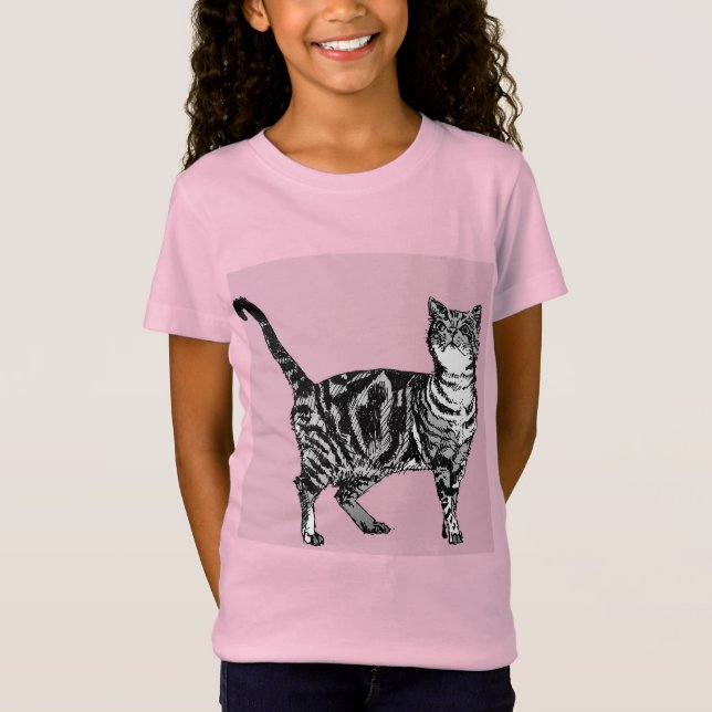 Tabby katt cat Cute Whimsical Rosa Girls T Shirt (Framsida)