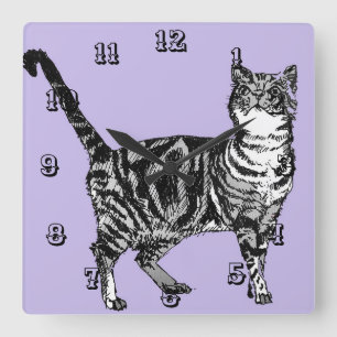 tabby katt Cats Animal Barn Kids pastel Lila Fyrkantig Klocka