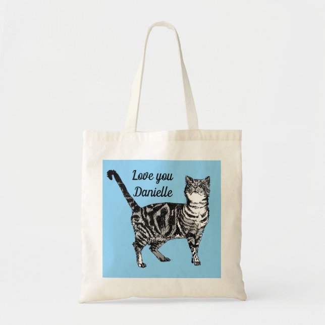 Tabby katt Cats light Blue Girls Namn Tote Bag Tygkasse (Framsidan)