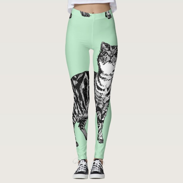 Tabby katt Coola Animal Black & Mint Grönt Legging (Framsida)