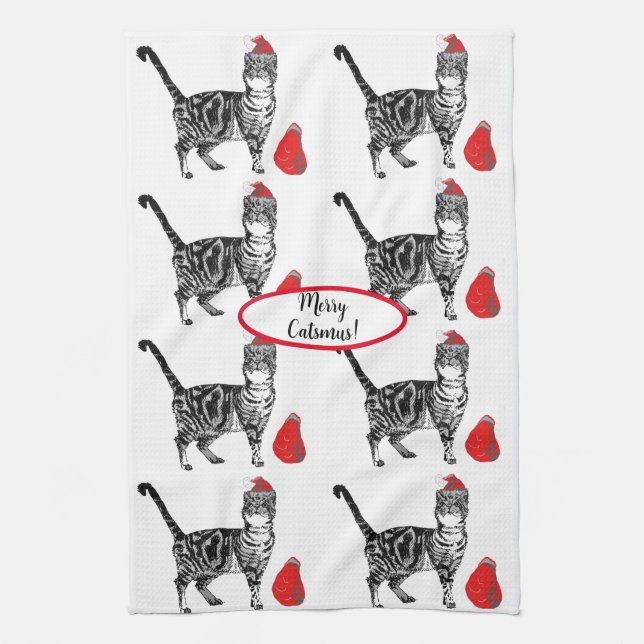 Tabby katt Coola jul Cat Red White Tea Towel Kökshandduk (Vertikal)