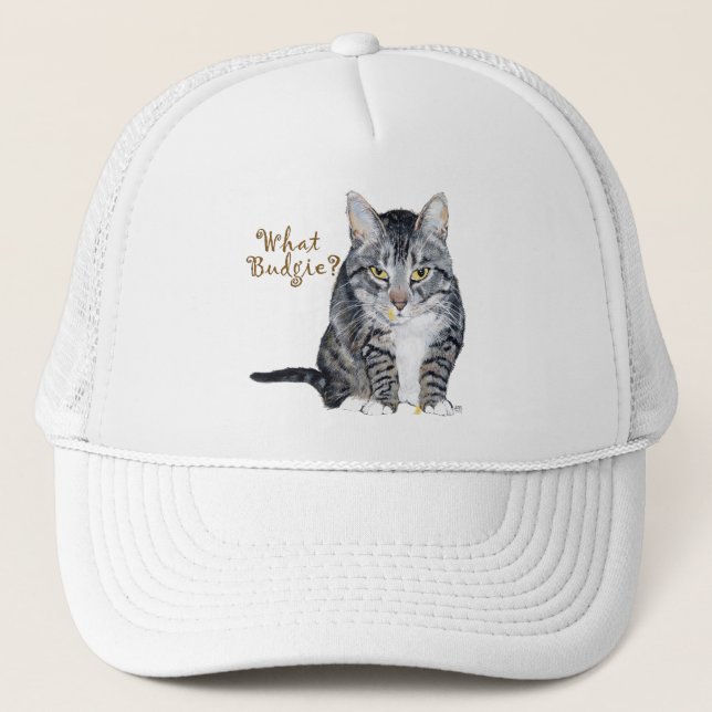Tabby katt frågar: Vad Budgie? Truckerkeps (Framsida)