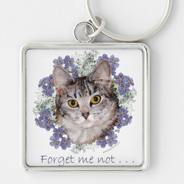 Tabby Katt Glömskhet Fyrkantig Silverfärgad Nyckelring (Framsidan)