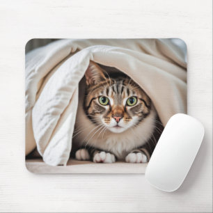 Tabby katt Gömmer under en vevett Musmatta