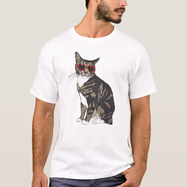 Tabby katt Heart Glass T Shirt (Framsida)