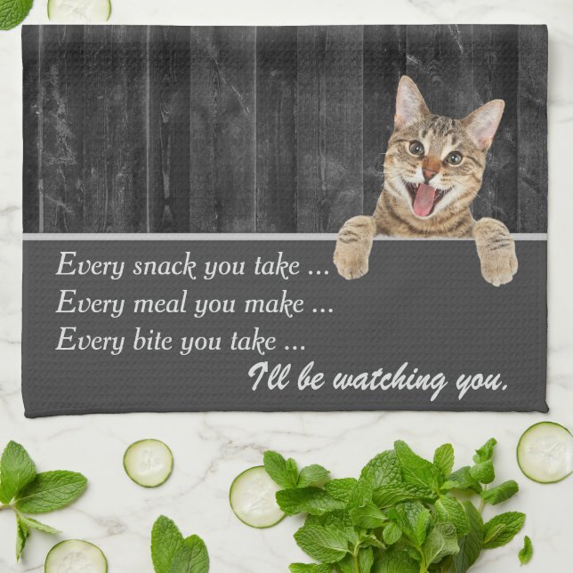 Tabby katt Humor på Barn Wood Kökshandduk (Vikta)