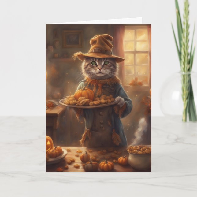 Tabby katt i en fågelskrämmande kostym Halloween  Kort (Framsida)