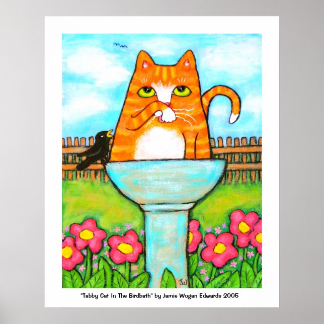 Tabby katt i fågelbadet poster (Framsidan)