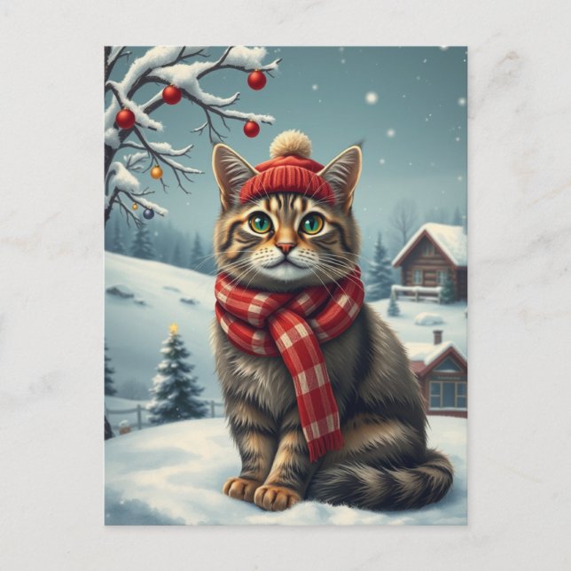 Tabby katt i Preppy Winter Attire och Hat Winter Helg Vykort (Framsida)