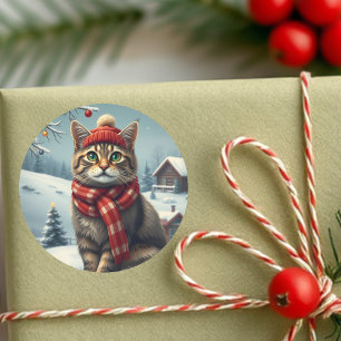 Tabby katt i Preppy Winter Attire och Hat Winter Runt Klistermärke