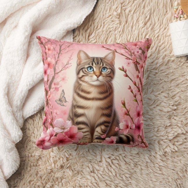 Tabby katt japansk Cherry Blommar Flower Kitten Kudde (Filt)