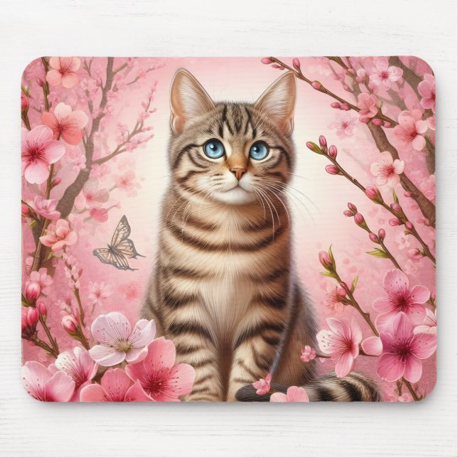 Tabby katt japansk Cherry Blommar Flower Kitten Musmatta (Framsidan)