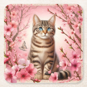 Tabby katt japansk Cherry Blommar Flower Kitten Underlägg Papper Kvadrat