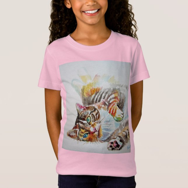 Tabby katt-katter söt vattenfärg rosa Girls T Shir T Shirt (Framsida)