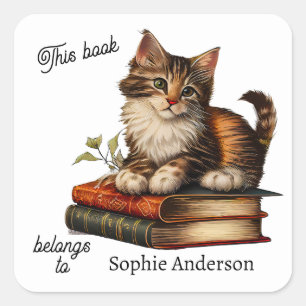 Tabby katt Kitten 2 om ägarna till Vintage Bokar Fyrkantigt Klistermärke