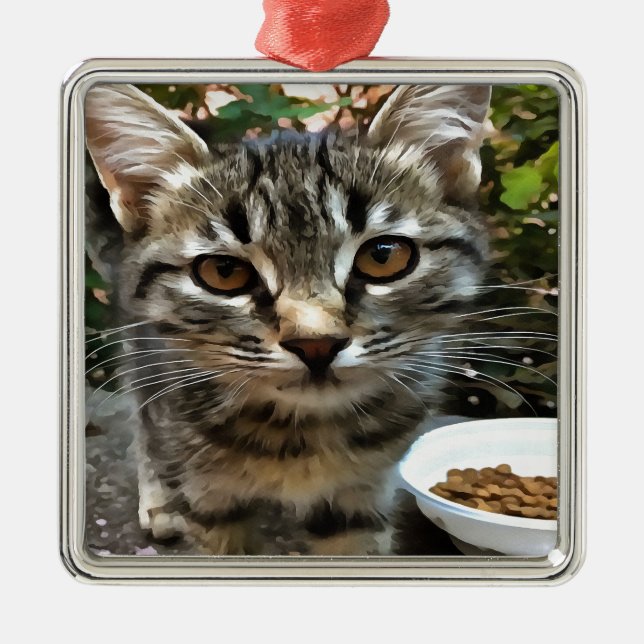 Tabby katt Kitten Skapar Öga kontakt Julgransprydnad Metall (Framsidan)