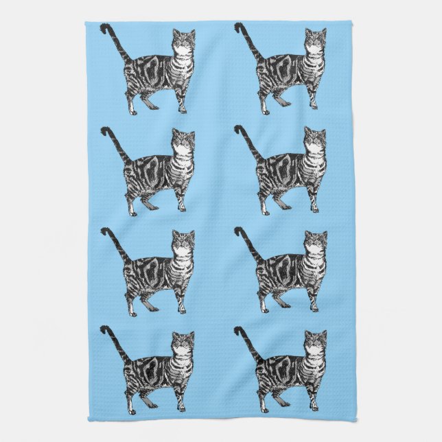 Tabby katt Light Blue Tea Towel Kökshandduk (Vertikal)