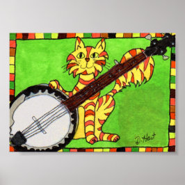 Tabby katt med Banjo Mini Folk Art Poster