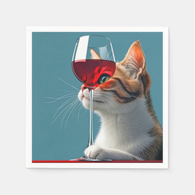 Tabby katt med glaset Röda Vin Pappersservett (Framsidan)