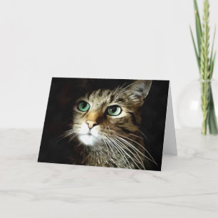 Tabby katt med Grönt Ögon isolerat på svart Kort