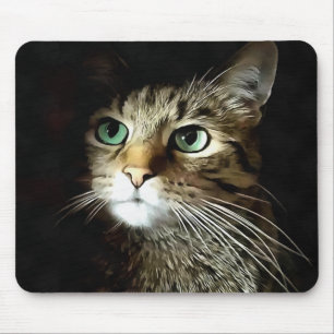 Tabby katt med Grönt Ögon isolerat på svart Musmatta