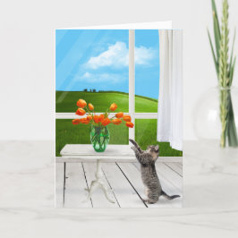 Tabby katt med Orange Tulip Bouquet Kort
