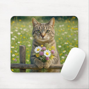 Tabby katt med WildblomBouquet Musmatta