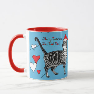Tabby katt Merry Blue Red jul Hearts Mugg