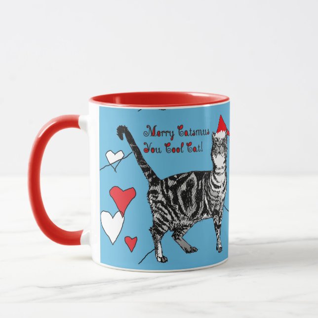Tabby katt Merry Blue Red jul Hearts Mugg (Vänster)