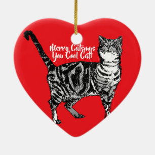 Tabby katt Merry Catsmus Red-Dekorationen Jul Julgransprydnad Keramik