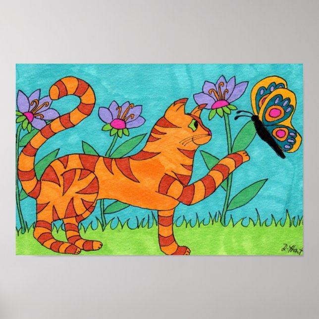 Tabby katt och Butterfly Folk Art Poster (Framsidan)