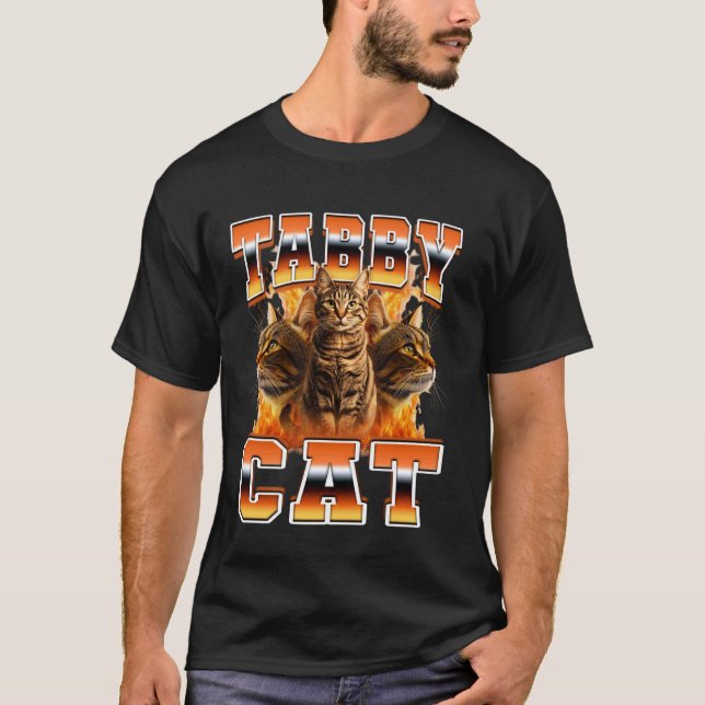 Tabby Katt Orange Katt Flammor 90s Bootleg Stil T Shirt (Framsida)