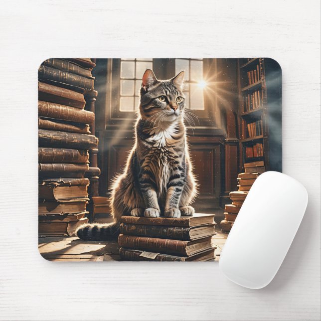 Tabby katt på gamla Bibliotek Bokar Musmatta (Med mus)