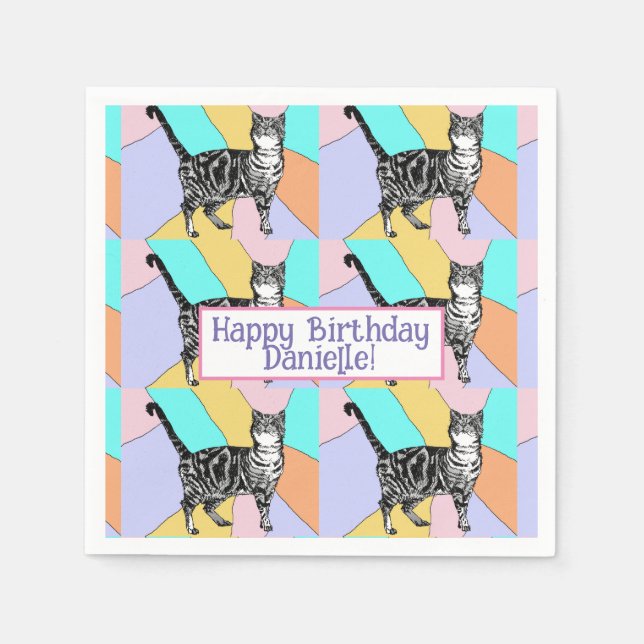 Tabby katt Pastel Birthday Cats Cake Favoritbox Pappersservett (Framsidan)