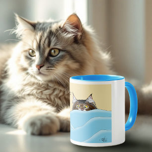 Tabby katt Peeking Blue Funny Mugg
