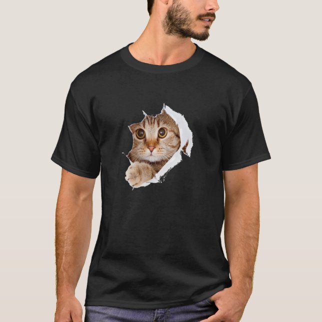 Tabby katt Ripping genom Papper Orange med slussar T Shirt (Framsida)