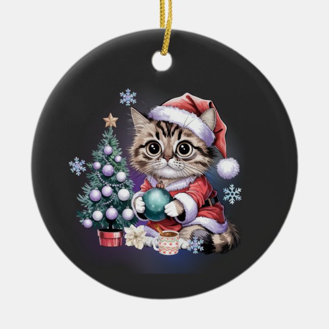 Tabby katt Santa Crewnacke Julgransprydnad Keramik (Framsidan)