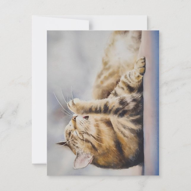 Tabby katt som håller rent i vattenfärger julkort (Framsida)