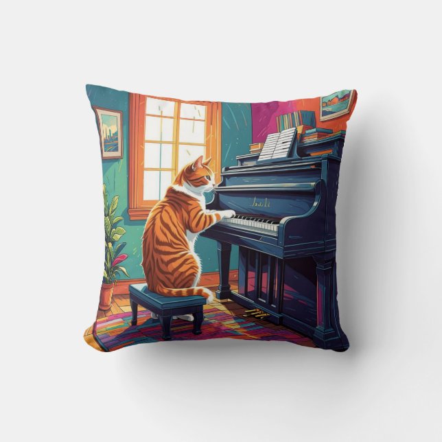 Tabby katt som spelar Piano Kudde (Framsida)