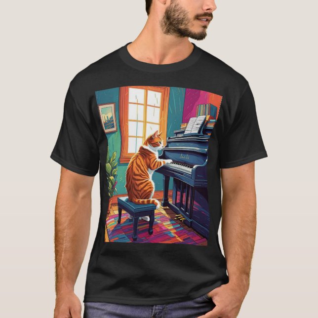 Tabby katt som spelar Piano T Shirt (Framsida)