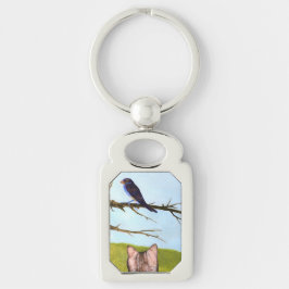 Tabby katt Talk med fåglar Rektangulärt Silverfärgad Nyckelring