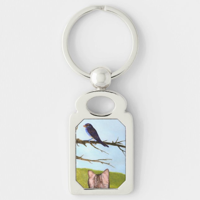 Tabby katt Talk med fåglar Rektangulärt Silverfärgad Nyckelring (Framsidan)
