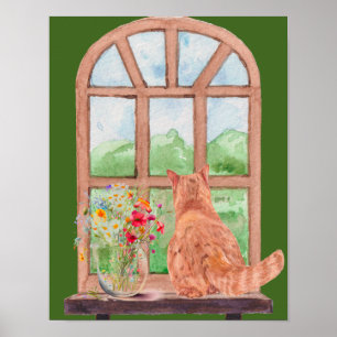 Tabby katt vid fönstrets sceniska serenblommor poster