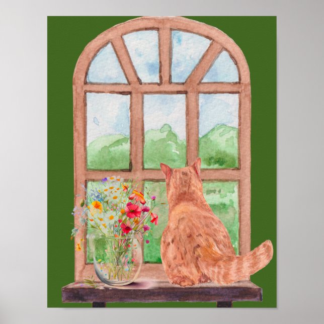 Tabby katt vid fönstrets sceniska serenblommor poster (Framsidan)