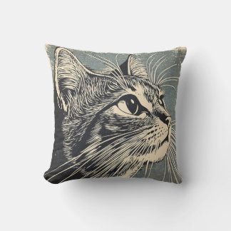 Tabby katt Vintage Lino-utskrift Kudde
